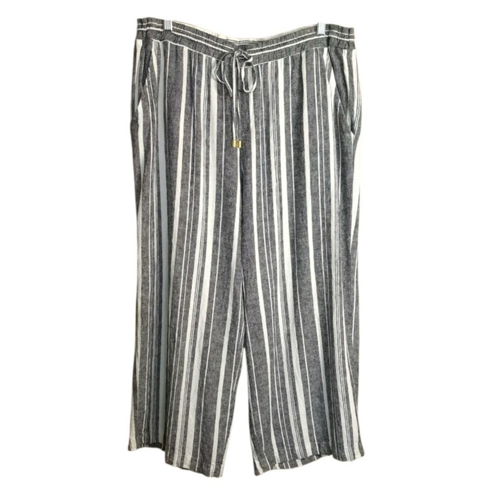Ellen Tracy Women's Capri Pants 1X Gray High Rise Striped Linen Straight Leg‎